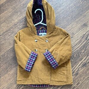 Petite Lucette Tan Hooded Corduroy Jacket with Plaid Lining
